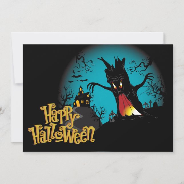Tarjeta Asustada casa de Halloween con árbol (Anverso)