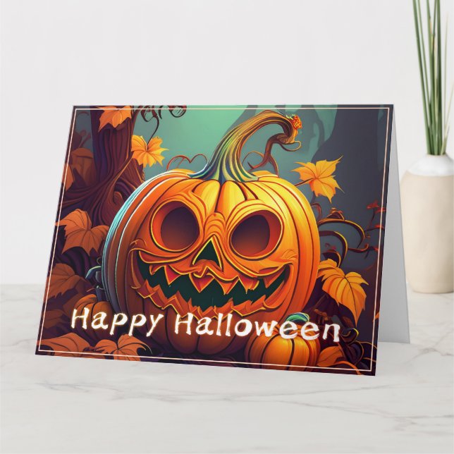 Tarjeta Asustada Naranja Calabaza con cara, Halloween (Anverso)