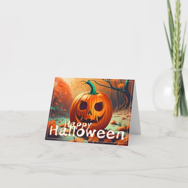 Tarjeta Asustada Naranja Calabaza con cara, Halloween (Anverso)