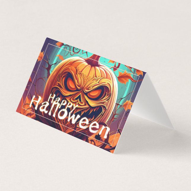 Tarjeta Asustada Naranja Calabaza con cara, Halloween (Anverso)