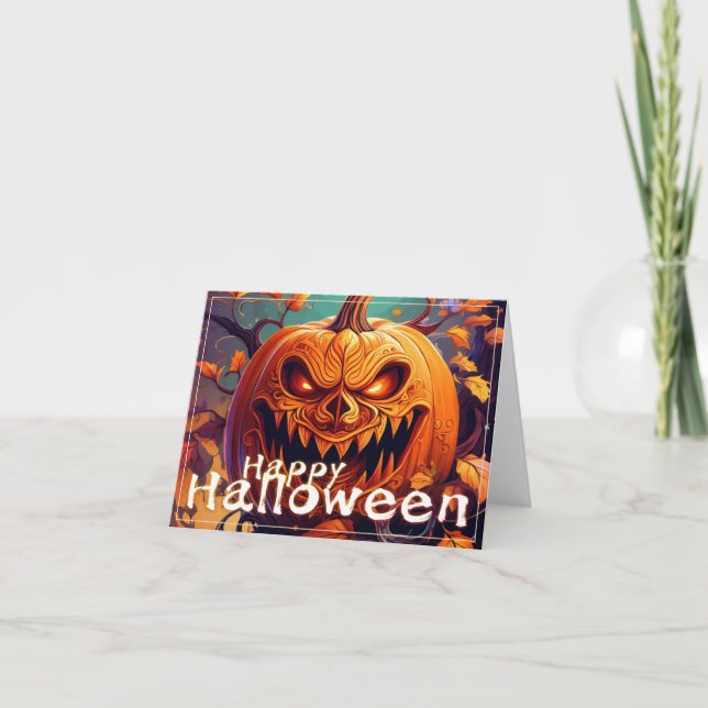 Tarjeta Asustada Naranja Calabaza con cara, Halloween (Anverso)