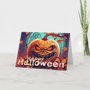 Tarjeta Asustada Naranja Calabaza con cara, Halloween