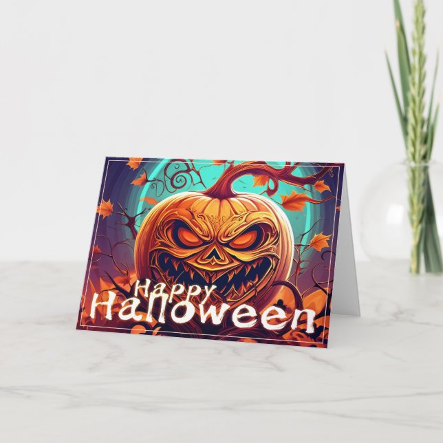 Tarjeta Asustada Naranja Calabaza con cara, Halloween (Anverso)