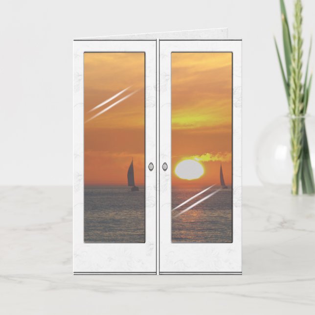 Tarjeta atardecer de cumpleaños y veleros (Anverso)