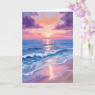 Tarjeta Atardecer de lavanda playa océano púrpura acuarela