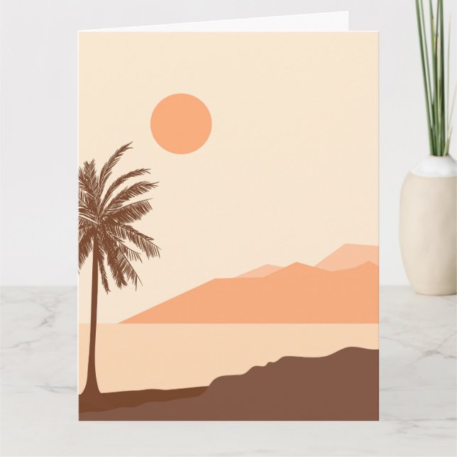 Tarjeta Atardecer de palmera, Isla, Arte abstracto boho (Anverso)
