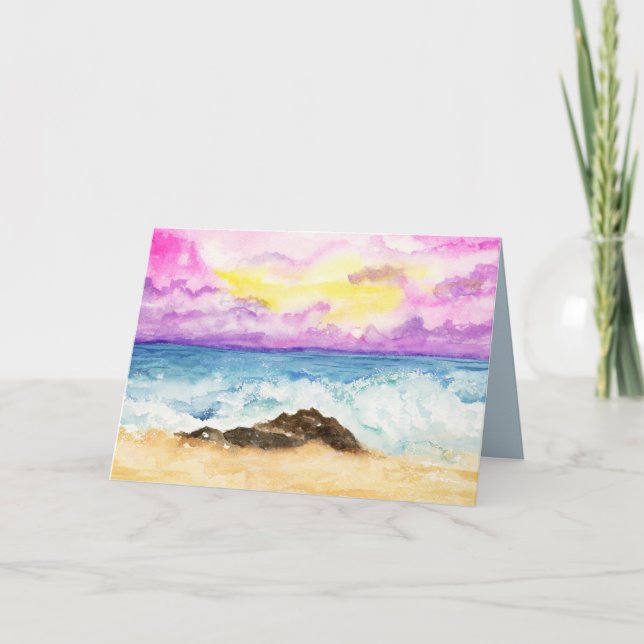 Tarjeta Atardecer en la playa con acuarela y olas rompient (Anverso)
