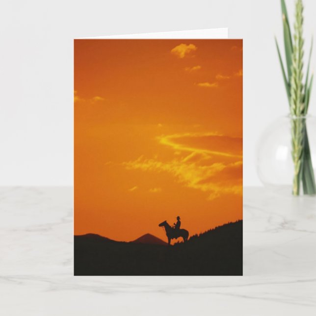 Tarjeta Atardecer naranja con Silhouette Cowboy (Anverso)