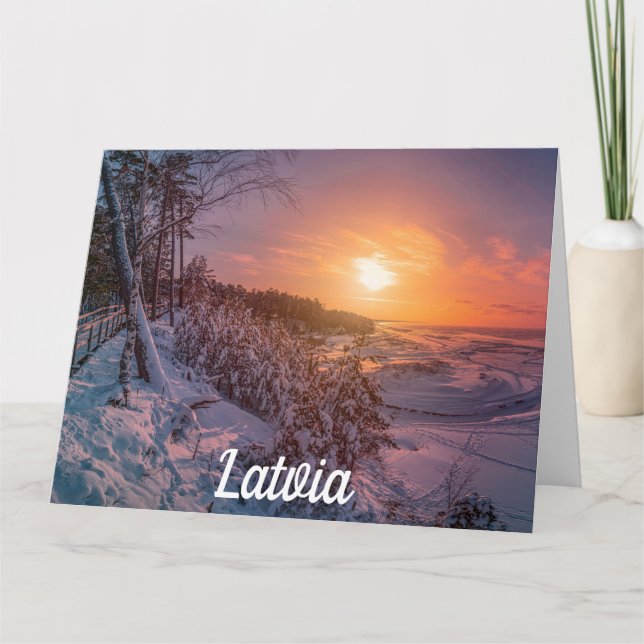 Tarjeta Atardecer sobre la nevada costa del mar (Anverso)