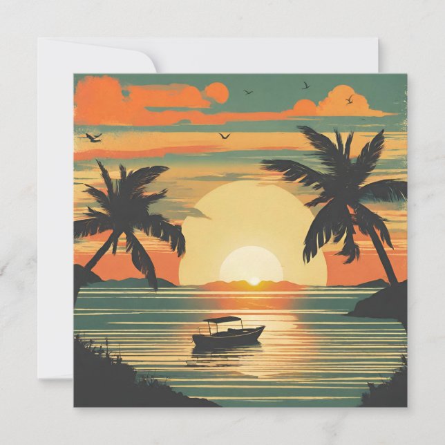 Tarjeta Atardecer tropical retro con barco  (Anverso)