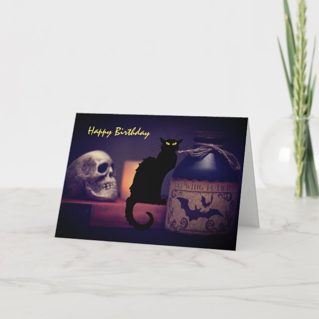 Tarjeta Aterrador gato negro y cráneo Feliz cumpleaños Hal (Anverso)