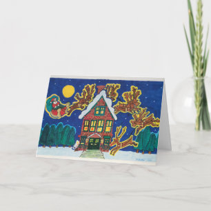 Tarjeta Aterrizaje de Santa, Sleigh y renos en la azotea