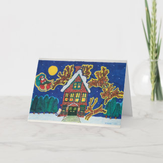 Tarjeta Aterrizaje de Santa, Sleigh y renos en la azotea