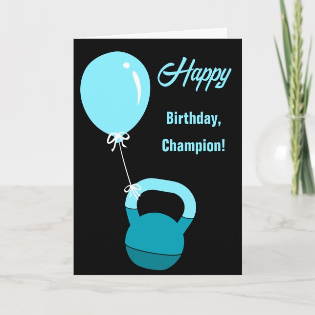 Tarjeta Athlete Kettlebell Balloon Happy Birthday Champion (Anverso)