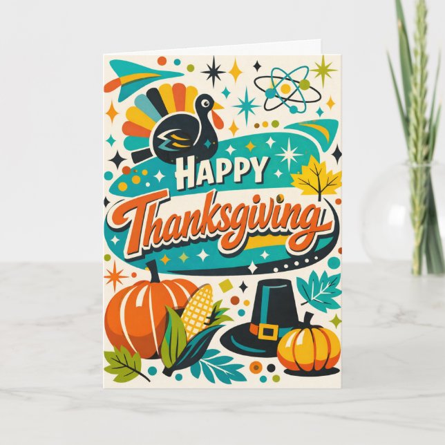 Tarjeta Atomic Mid Century Thanksgiving Turkey Pumpkin (Anverso)