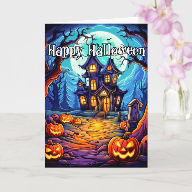 Tarjeta Atractiva casa embrujada | Feliz Halloween (Orquídea)
