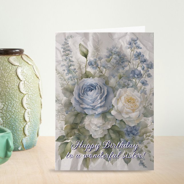 Tarjeta Atractivo cumpleaños de rosas azules y blancas sin (Subido por el creador)