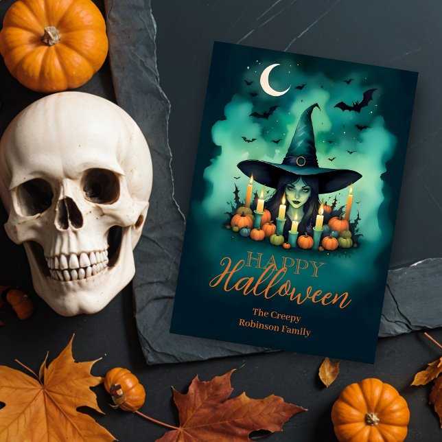 Tarjeta Attractive & Mystical Halloween Witch Conjures (Attractive & Mystical Halloween Witch Conjures Enchanting Spells Amid Glowing Candles Cards.)