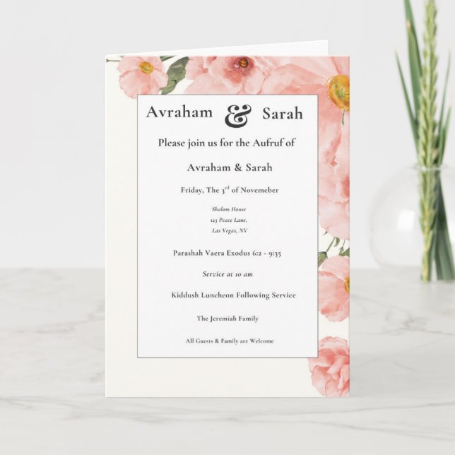 Tarjeta Aufruf Pink Watercolor Wedding Jewish Invitation (Anverso)