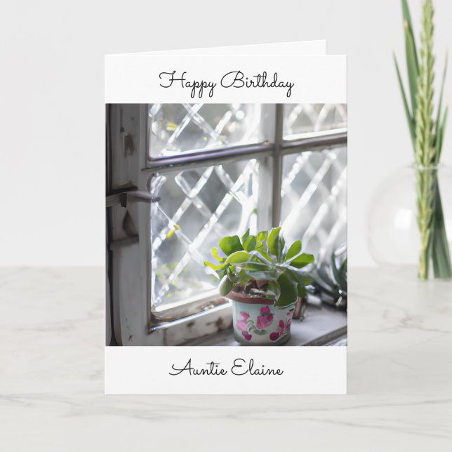 Tarjeta Auntie Birthday | Planta de Bonito en la ventana (Anverso)