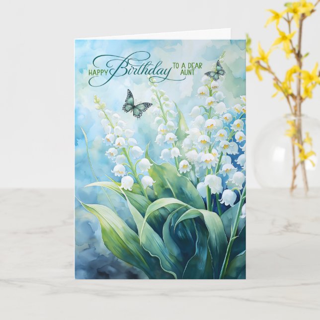 Tarjeta Aunt's Birthday Lily of the Valley with Butterfly (flor amarilla)