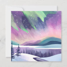 Tarjeta Aurora boreal Noche de invierno colorida | Acuarel