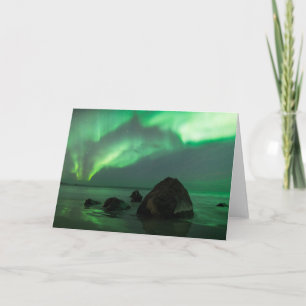 Tarjeta Aurora boreal   Playa Lofoten Noruega