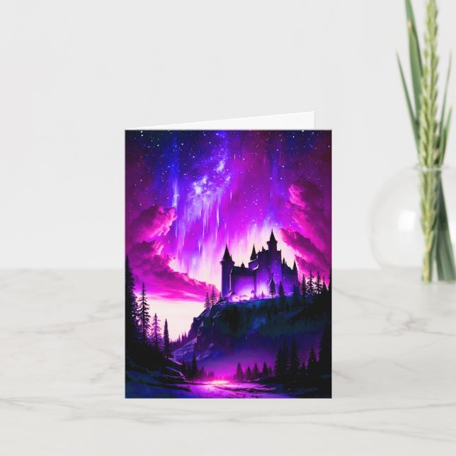 Tarjeta Aurora boreal rosa y morada sobre un hada blanca (Anverso)