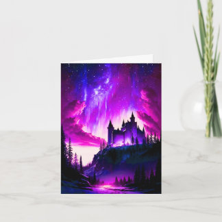 Tarjeta Aurora boreal rosa y morada sobre un hada blanca