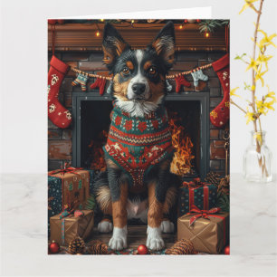 Tarjeta Australian Kelpie con regalos de Navidad Chimenea