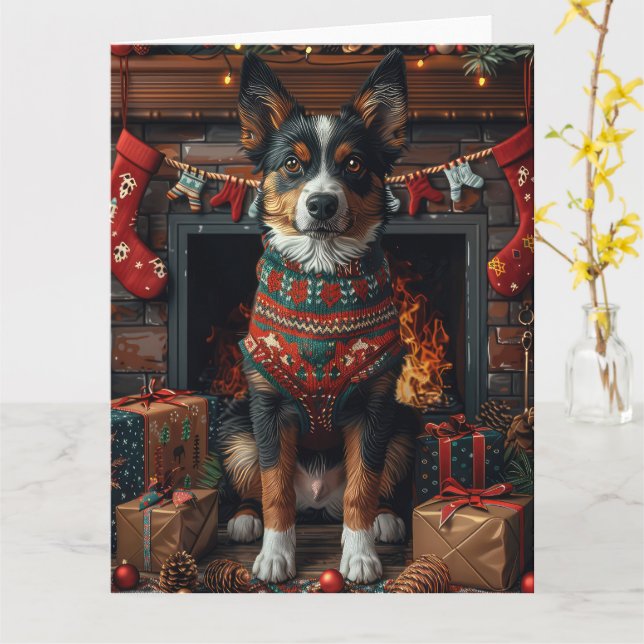 Tarjeta Australian Kelpie con regalos de Navidad Chimenea (flor amarilla)