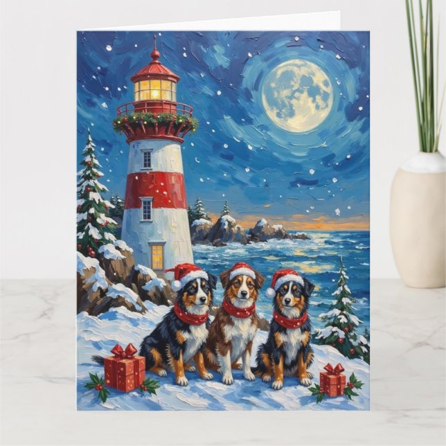 Tarjeta Australian Shepherd Christmas Lighthouse Holiday (Anverso)