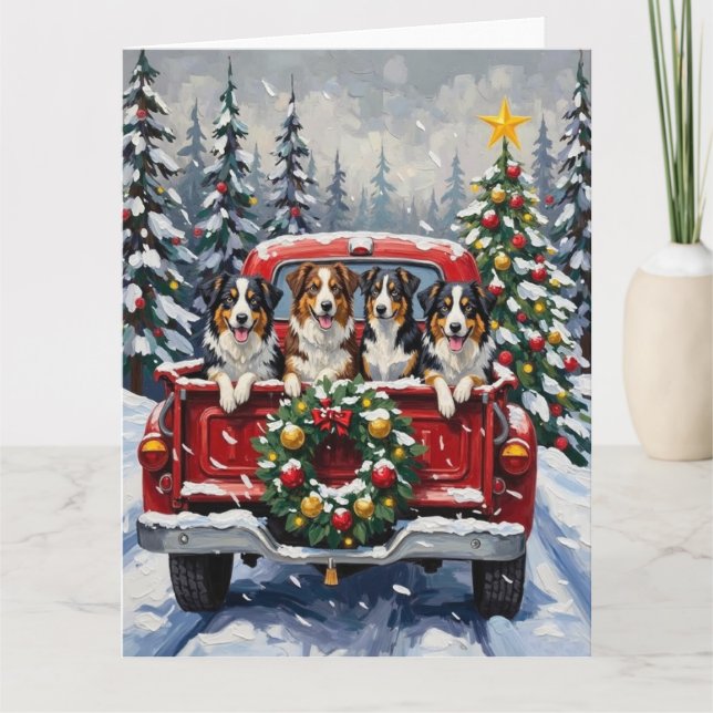 Tarjeta Australian Shepherd Christmas Red Truck Holiday (Anverso)