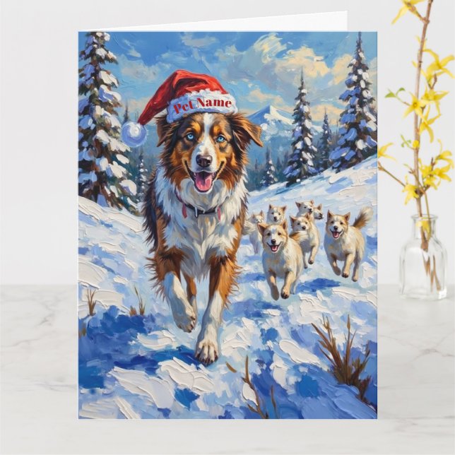Tarjeta Australian Shepherd Herding Snowballs with Santa (flor amarilla)
