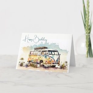 Tarjeta Autobús acuático retro con flores