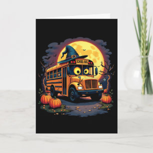 Tarjeta Autobús escolar de Halloween con sombrero de bruja