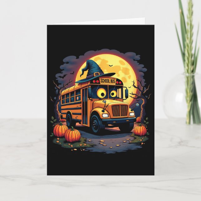 Tarjeta Autobús escolar de Halloween con sombrero de bruja (Anverso)