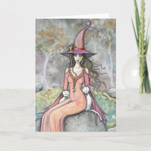 Tarjeta Autumn Witch White Cat Art Card