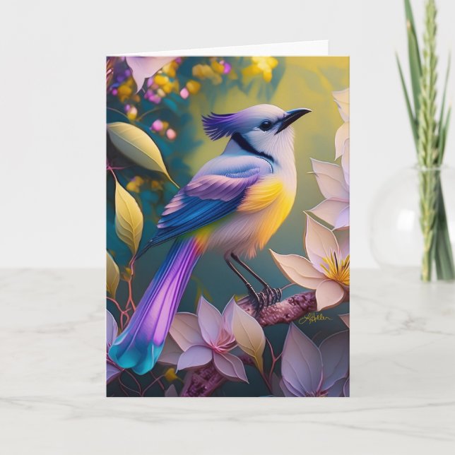Tarjeta Ave Fantasía Amarilla Violeta Tufted (Anverso)
