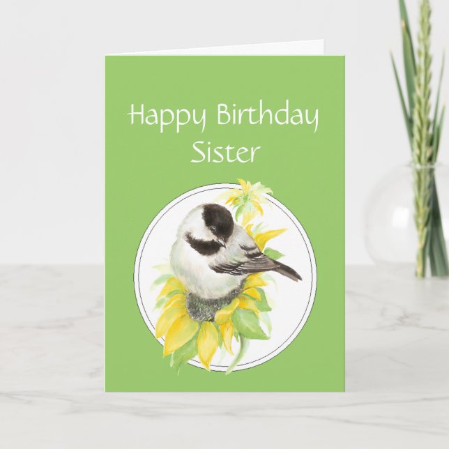 Tarjeta Ave girasol de la hermana del cumpleaños Chickadee (Anverso)