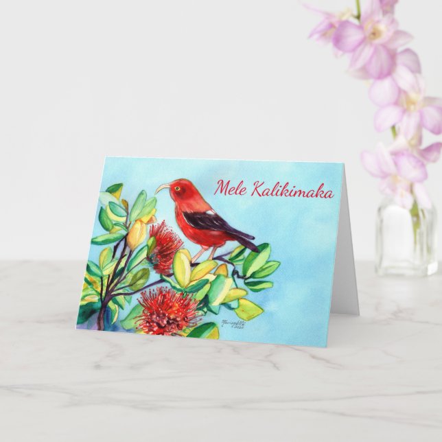 Tarjeta Ave Iiwi de Mele Kalikimaka y flor de Ohia Lehua (Orquídea)