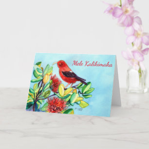 Tarjeta Ave Iiwi de Mele Kalikimaka y flor de Ohia Lehua