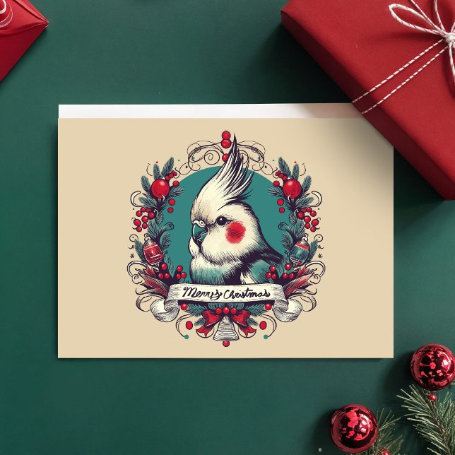 Tarjeta Ave Mascota Wreath de vacaciones de Cockatiel con  (Christmas Cockatiel holiday card in charming vintage style, pet bird portrait in red & teal wreath)