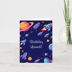 Tarjeta Aventura de cumpleaños espacial para niños tema de