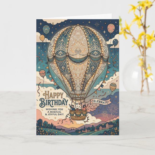 Tarjeta Aventura de Globo Aerostático Steampunk Cumpleaños (flor amarilla)