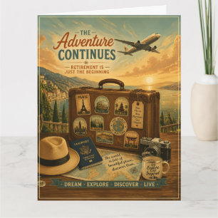 Tarjeta Aventura de jubilación con maleta de viaje vintage