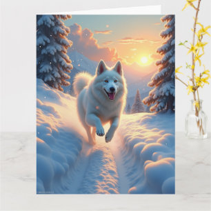 Tarjeta Aventura Navideña del Samoyed en la Montaña Nevada