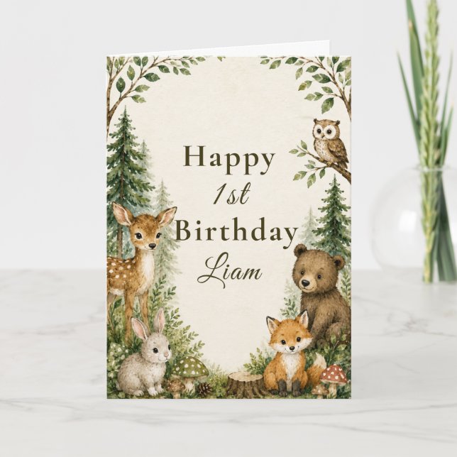 Tarjeta Aventurero del Bosque Primer Cumpleaños (Anverso)
