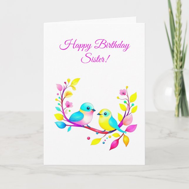 Tarjeta Aves acuarelas y flores Cumpleaños de la hermana (Anverso)