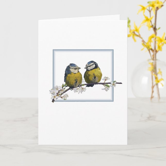 Tarjeta Aves amorosos en una rama de cerezo blanco cuadrad (flor amarilla)
